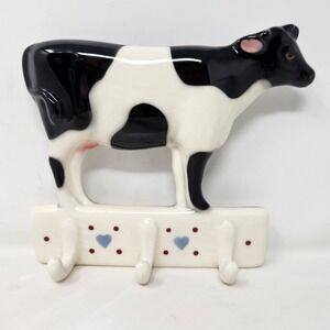 Vintage‎ Clay Art 1987 Ceramic Cow Wall Hook Rack Black White Farmhouse Decor
